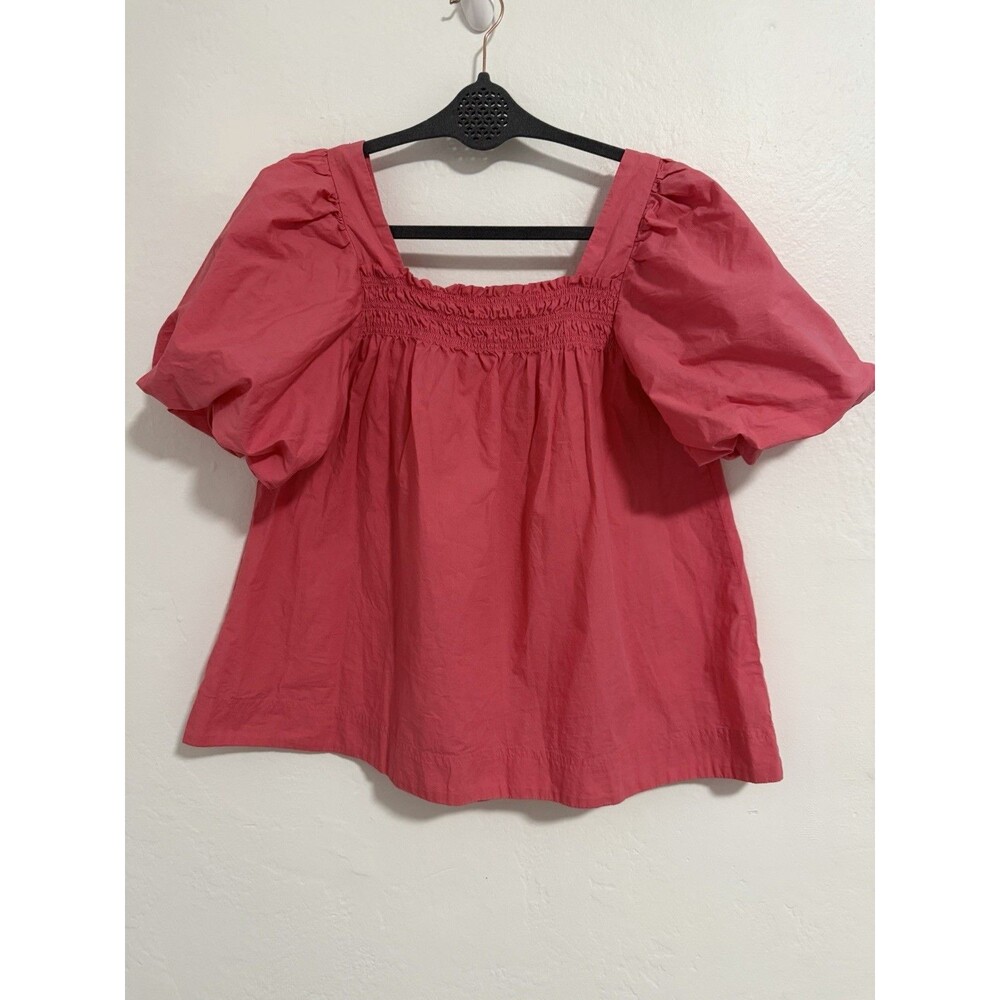 Maeve Anthropologie Coral Puff Sleeve Smocked Blouse Top Womens Large